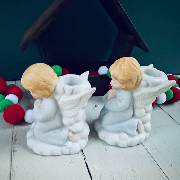 Vintage Praying Angels Candleholders Ceramic Angel Christmas Decor Blue White - Picture 7 of 8